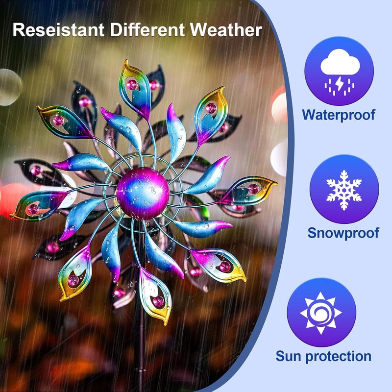MXwcy 360°Peacock Solar Wind Spinner with Lights Blue Metal Garden Outdoor Decor Yard Lawn Art Decor for Patio Kinetic Windmills Unique Gifts for Friends and Family 51.9' H x 12.2'' Dia - Image 3
